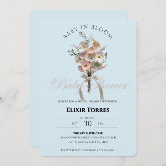 Pressed Wildblume Baby in Bloom Boho Babydusche Einladung (Vorne/Hinten)