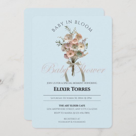 Pressed Wildblume Baby in Bloom Boho Babydusche Einladung (Vorne/Hinten)