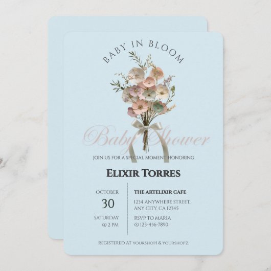 Pressed Wildblume Baby in Bloom Boho Babydusche Einladung (Vorne/Hinten)