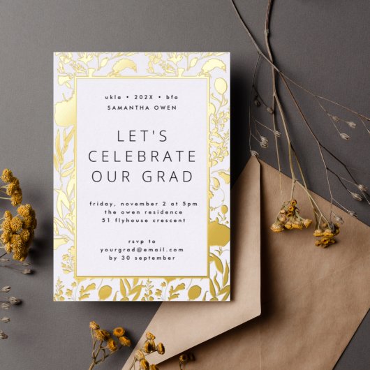 Pressed Wildblume Leaf Graduation Party Gold Folieneinladung