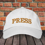 PRESSEMITTEILUNG: Mütze für Baseball, goldgelb / w Bestickte Baseballkappe<br><div class="desc">Bestickte Hats: Klassische,  goldfarbene/weiße Modebaseballkappe mit "PRESS" für Medien,  Reporter,  Journalisten,  Fotografen,  Titelseiten sowie Party-,  Uni-,  Weihnachtsgeheimnis / Nachtausflug</div>