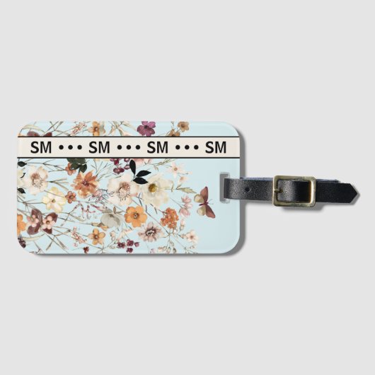 Pressierte Wildblumen Cotattecore Monogramm Blau Gepäckanhänger (Vorderseite (Horizontal))