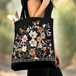 Pressierte Wildblumen Cotattecore Monogramm Schwar Tasche