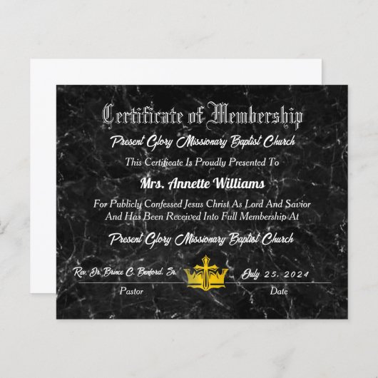 Prestige Glory Baptist Church Certificate (Vorne/Hinten)