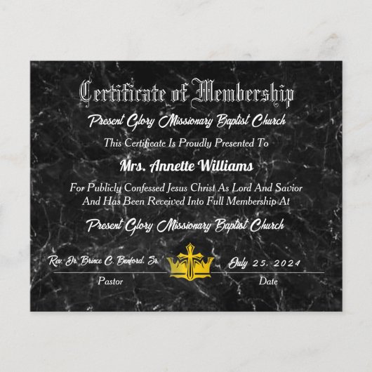 Prestige Glory Baptist Church Certificate (Vorderseite)