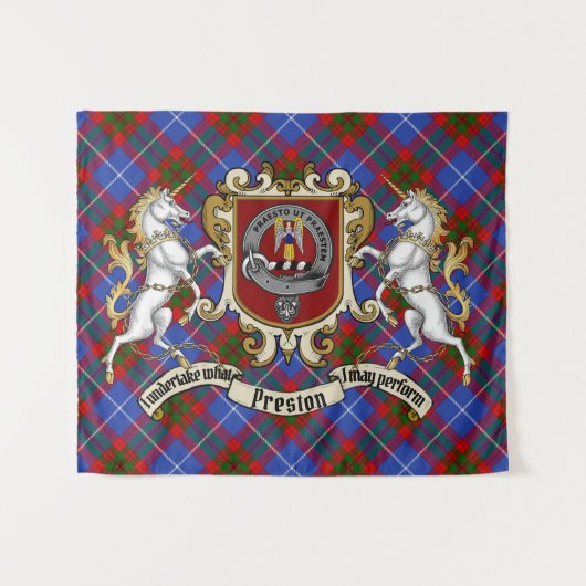 Preston Clan Abzeichen & Unicorns w/Tartan Wandteppich (Vorderseite (Horizontal))
