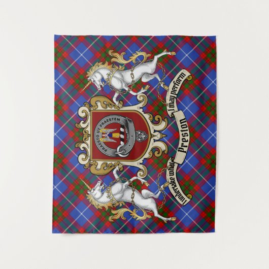 Preston Clan Abzeichen & Unicorns w/Tartan Wandteppich (Vorderseite)