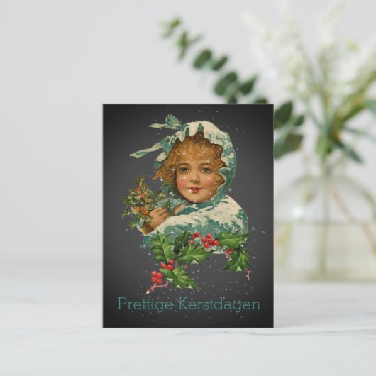 Prettige Kerstdagen Vintag Holly Black Postkarte (Stehend Vorderseite)
