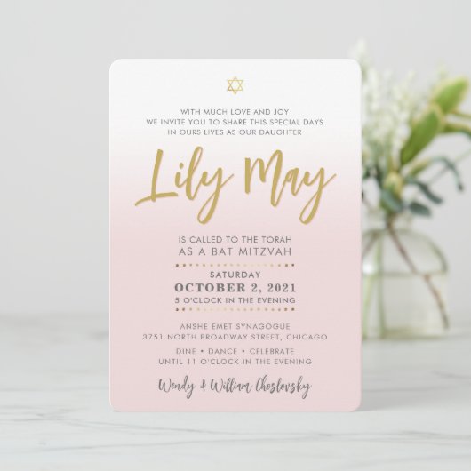 PRETTY Bat Mitzvah pale pink gold elegant script Einladung (Stehend Vorderseite)