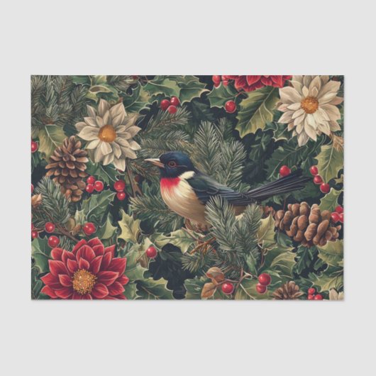 Pretty Bird on Pine Tree Branches with Flowers Seidenpapier (Vorderseite)