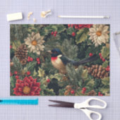Pretty Bird on Pine Tree Branches with Flowers Seidenpapier (Handwerk)