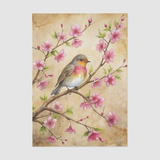 Pretty Bird Perched on Pink Floral Branch Seidenpapier (Vorderseite)