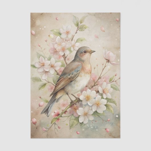Pretty Bird Perched on White Floral Branch Seidenpapier (Vorderseite)