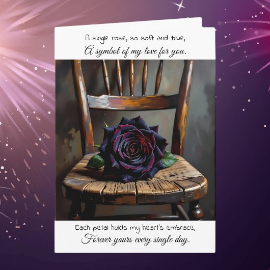 Pretty Black Rose on Rustic Chair | Anniversary Karte