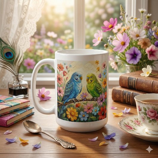 Pretty  Blue and Green Parakeets Personalized Kaffeetasse