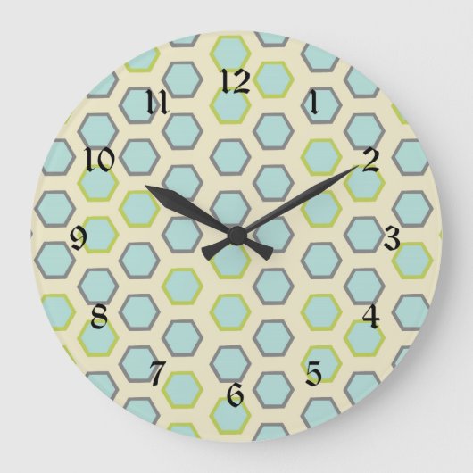 Pretty Blue and Lime Green Hexagon Tile Pattern Große Wanduhr (Vorderseite)