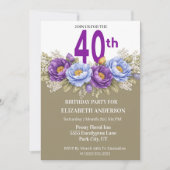Pretty Blue and Purple Peony 40th Birthday Einladung (Vorderseite)