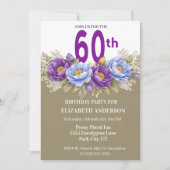 Pretty Blue and Purple Peony 60th Birthday Einladung (Vorderseite)