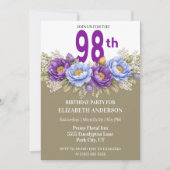 Pretty Blue and Purple Peony 98th Birthday Einladung (Vorderseite)