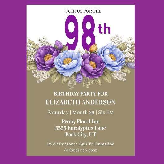 Pretty Blue and Purple Peony 98th Birthday Einladung