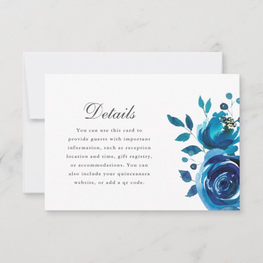 Pretty Blue Floral Calligraphy Quinceanera Details RSVP Karte (Vorderseite)