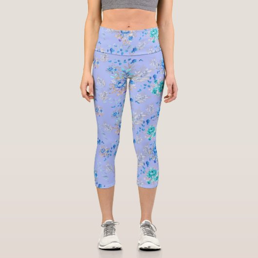 Pretty Blue Floral Garden Capri Leggings (Vorderseite)