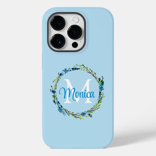 Pretty Blue Floral Wreath with Monogram Case-Mate iPhone Hülle (Rückseite)