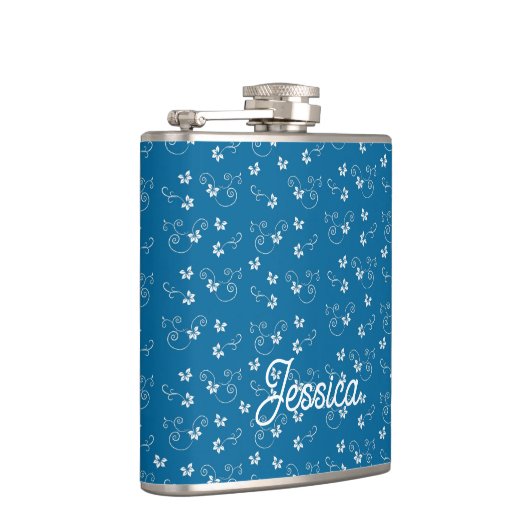 Pretty Blue Flower Pattern Personalised Flachmann (Rechts)