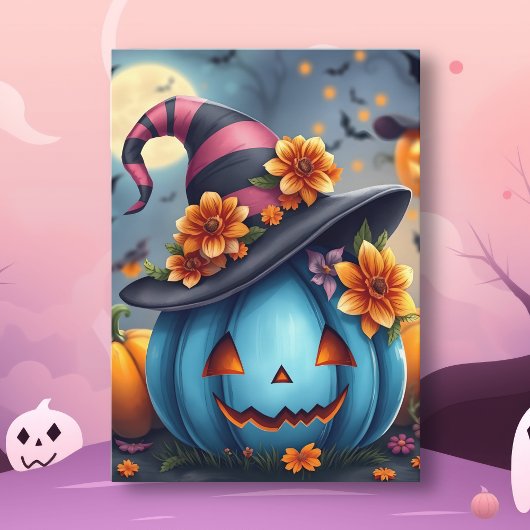 Pretty Blue Halloween Pumpkin Jack-o-lantern Karte