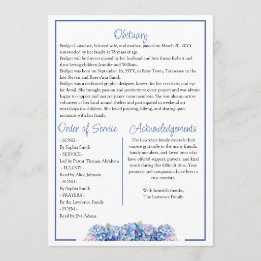 Pretty Blue Hydrangea Celebrating Life - Funeral Programm (Rückseite)
