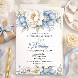 Pretty Blue Magnolia and Peony 101st Birthday Einladung