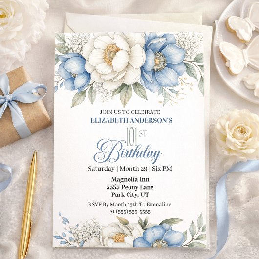Pretty Blue Magnolia and Peony 101st Birthday Einladung