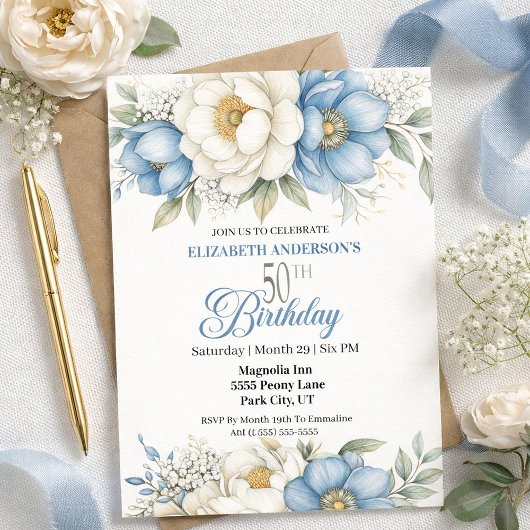 Pretty Blue Magnolia and Peony 50th Birthday Einladung