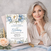 Pretty Blue Magnolia and Peony 60th Birthday Einladung