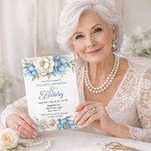 Pretty Blue Magnolia and Peony 80th Birthday Einladung