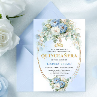 Pretty Blue Peony Gold Floral Quinceañera Invite Einladung