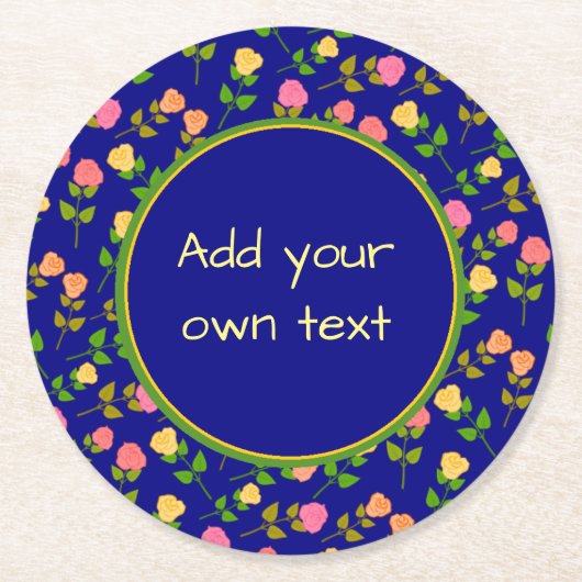 Pretty Blue Rose Pattern Custom Text Runder Pappuntersetzer (Vorderseite)