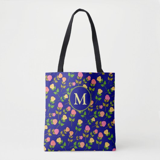 Pretty Blue Rose Pattern Monogram Tasche (Vorderseite)