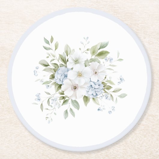 Pretty Blue White Floral Bridal Shower Runder Pappuntersetzer (Vorderseite)