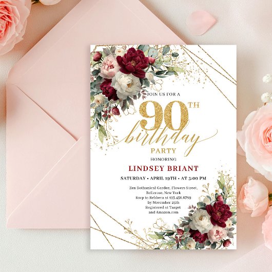 Pretty Blush Gold Floral 90th Birthday Invitation Einladung