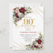 Pretty Blush Gold Floral 90th Birthday Invitation Einladung (Vorderseite)