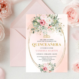 Pretty Blush Pink Eucalyptus Quinceañera Invite Einladung