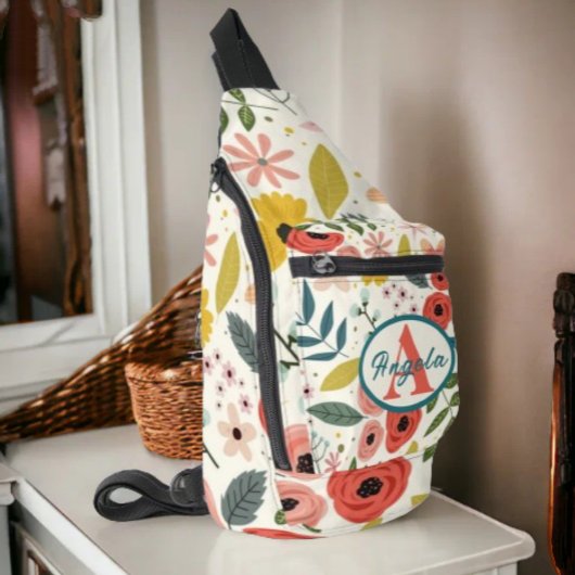 Pretty Blush Pink Floral Botanical Monogram Crossbody Bag