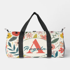 Pretty Blush Pink Floral Botanical Monogram Duffle Bag