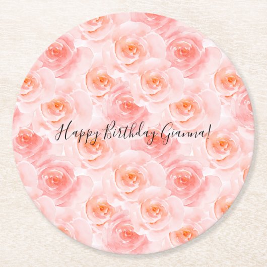Pretty Blush Pink Watercolor Roses Birthday Runder Pappuntersetzer (Vorderseite)