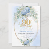 Pretty Boho Blue Hydrangea Greenery 90th Birthday Einladung (Vorderseite)