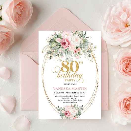 Pretty Boho Blush Roses 80th Birthday Invitation  Einladung