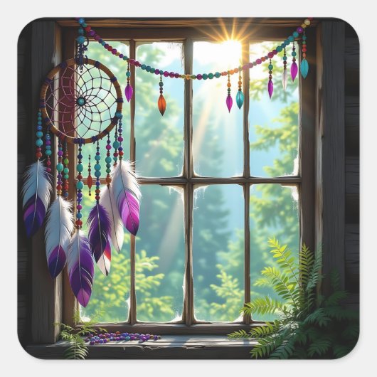Pretty Boho Purple Dreamcatcher in Window Quadratischer Aufkleber (Vorderseite)