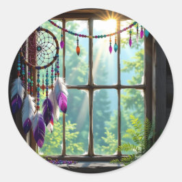 Pretty Boho Purple Dreamcatcher in Window Runder Aufkleber