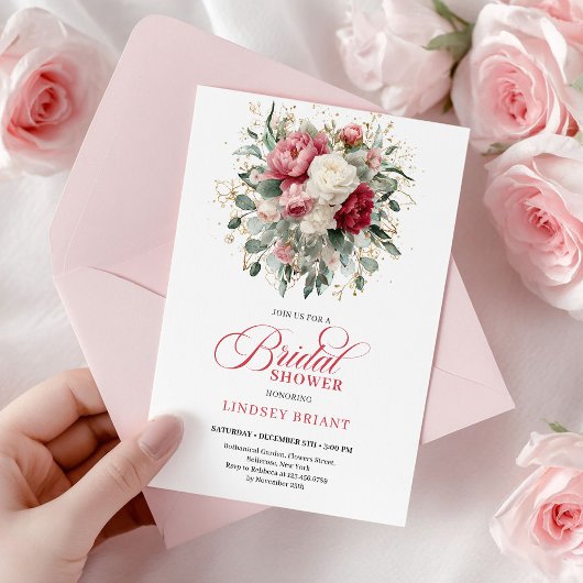 Pretty Boho Ruby White Gold Floral Bridal Shower Einladung